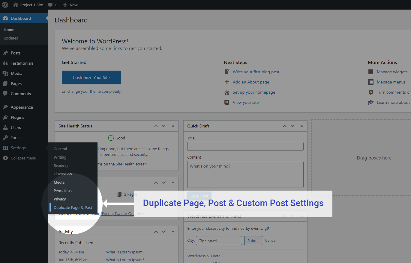 Go to the Duplicate Pages and Posts menu in the Settings tab.