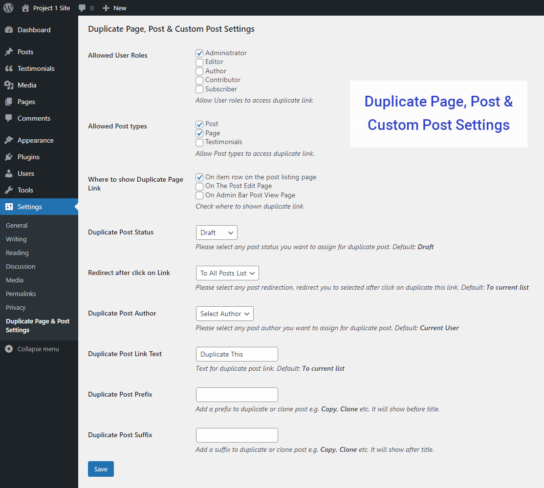 Duplicate Page & Post plugin Settings tab.