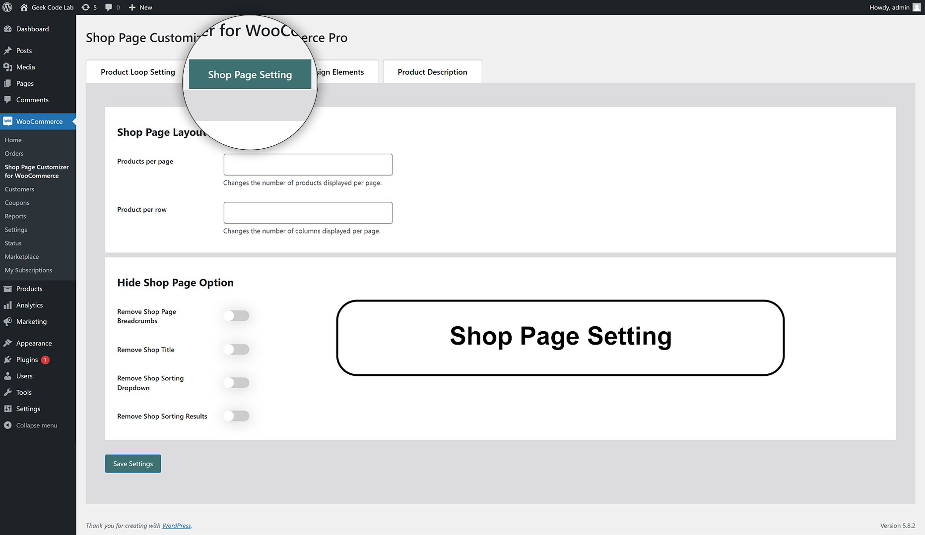 Shop Page Setting on WooCommerce Shop page Customizer Plugins