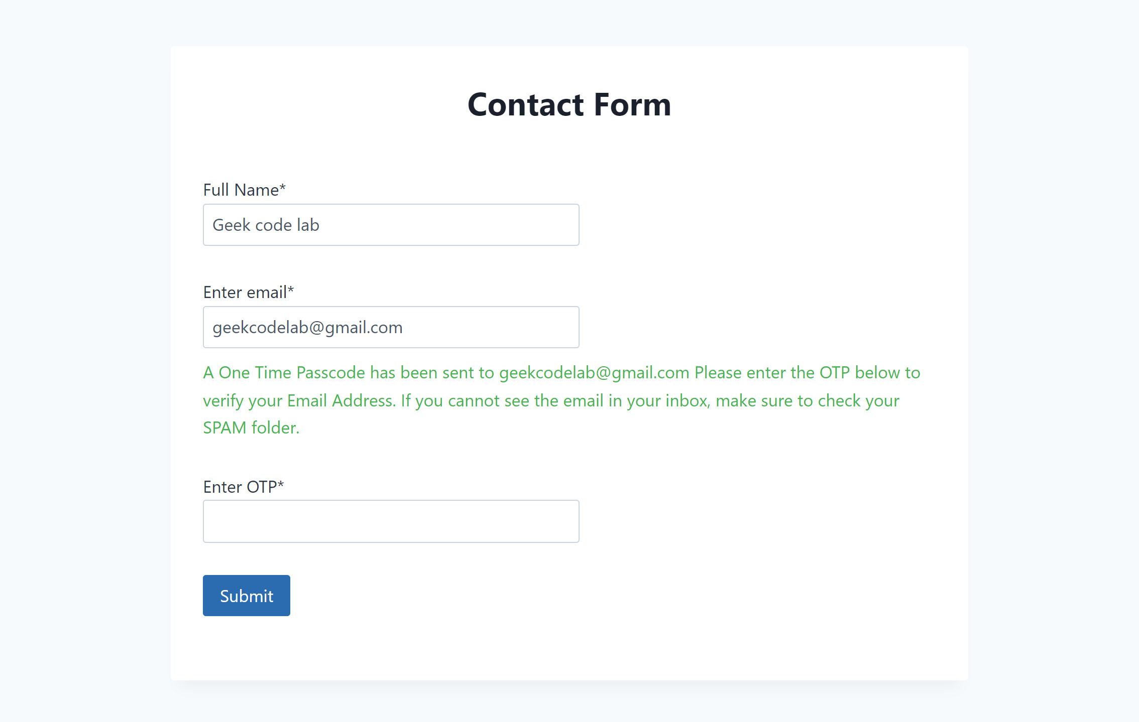 OTP form, Email verification for Contact Form 7