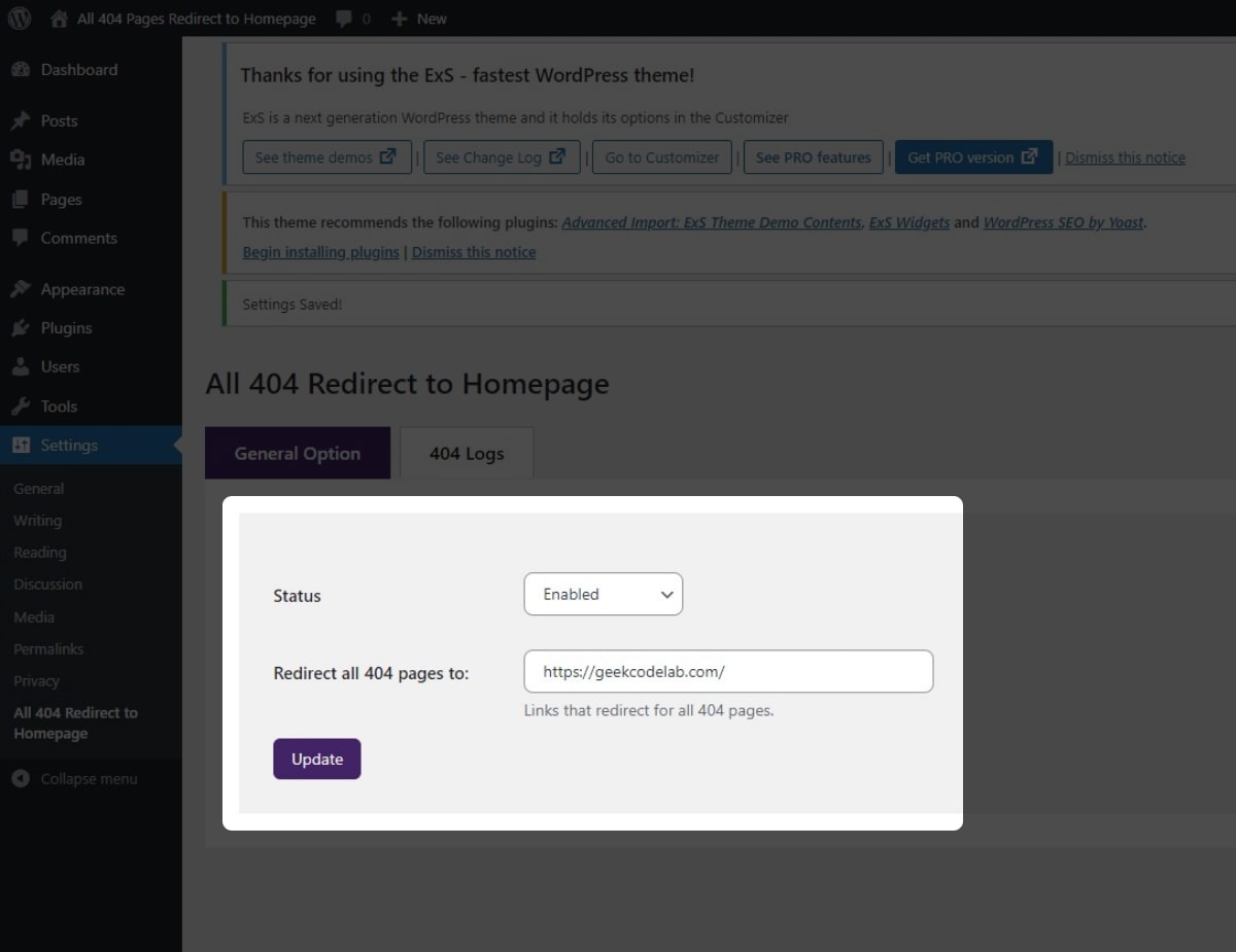 Enable 404 Pages Redirect to Homepage