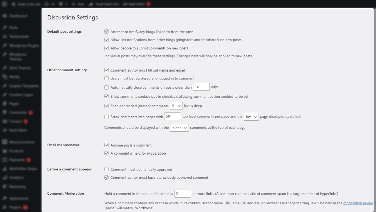 spam comments on WordPress - Discussion Settings
