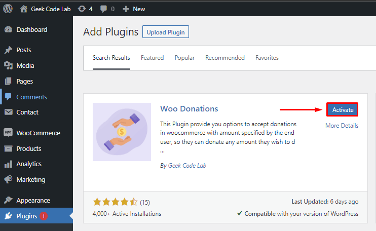 click on the Activate button to activate the Plugin